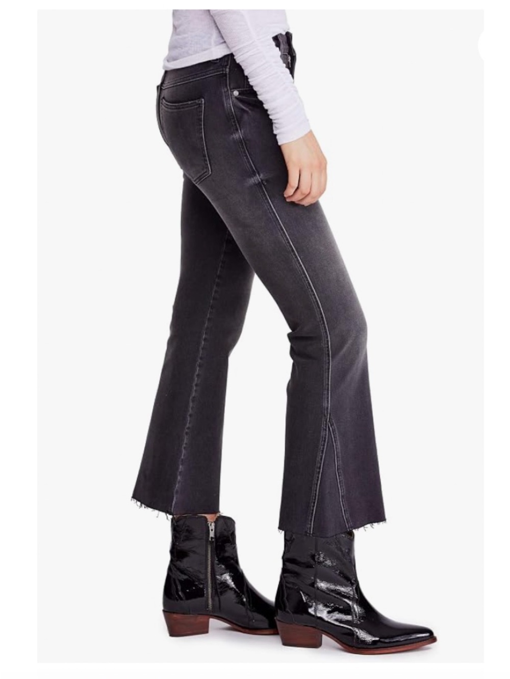 Free People Rita Crop Flare Jeans Washed Black Size 27 Raw Hem